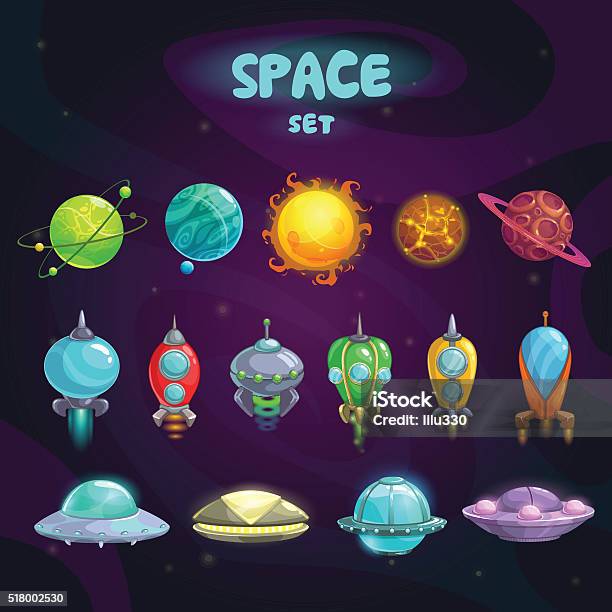 Space Cartoon Icons Set Stock Illustration - Download Image Now - Leisure Games, Match - Sport, UFO