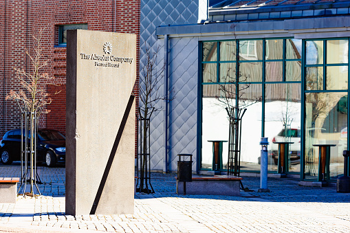 Ahus, Sweden - March 20, 2016: The stone monolith outside the Absolut Company with the logo on it. Th e Absolut Company manufactures the Absolut vodka.