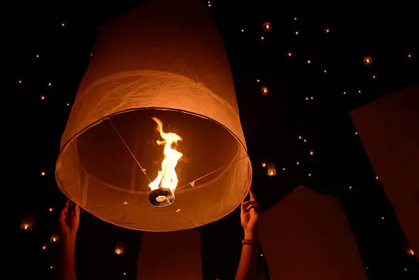 Sky lanterns firework festival,Chiangmai ,Thailand, Loy Krathong and Yi Peng FestivalLaunching rice paper hot air balloons during the Loi Krathong festival in Chiang Mai, Thailand.