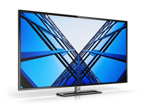 Creative abstract television electronics technology business concept: modern TV display screen or computer PC monitor isolated on white background with reflection effect