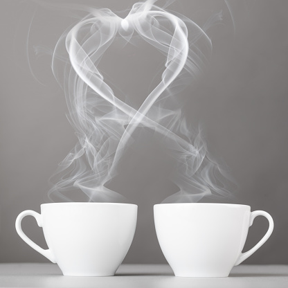 love and coffee. heart silhouette from steaming hot coffee cups