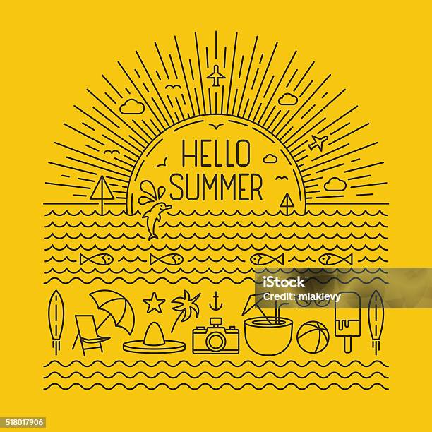 Hello Summer Outlines Stock Illustration - Download Image Now - Summer, Outline, Sun