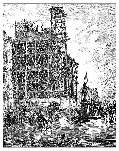 Antique illustration of Place des Pyramides (Paris) during 19th century Antique illustration of Place des Pyramides, public square in Paris (France). The drawing is from Buhot, from a painting of the Italian painter Giuseppe De Nittis (1876). In the drawing we can see many people walking by the square, the gilded bronze equestrian statue of Joan of Arc and a building with scaffolding place des pyramides stock illustrations
