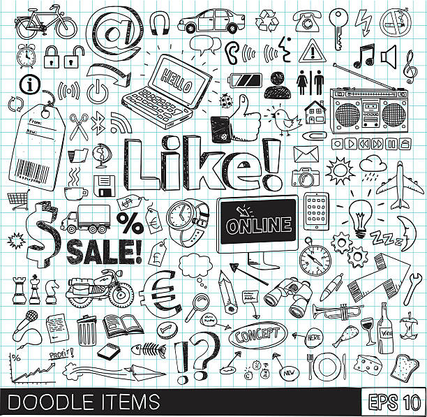 ilustraciones, imágenes clip art, dibujos animados e iconos de stock de doodle iconos - croquis