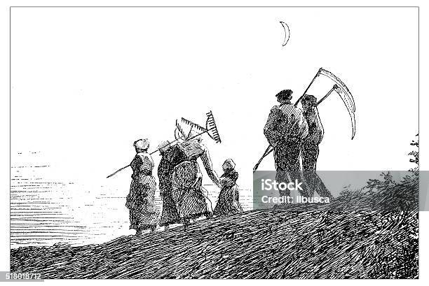 Antique Illustration Of Farmers With Tools Walking Toward The City Stock Illustration - Download Image Now