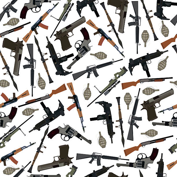 flat seamless pattern weapons flat seamless pattern weapons in vector format eps10 uzi submachine gun stock illustrations