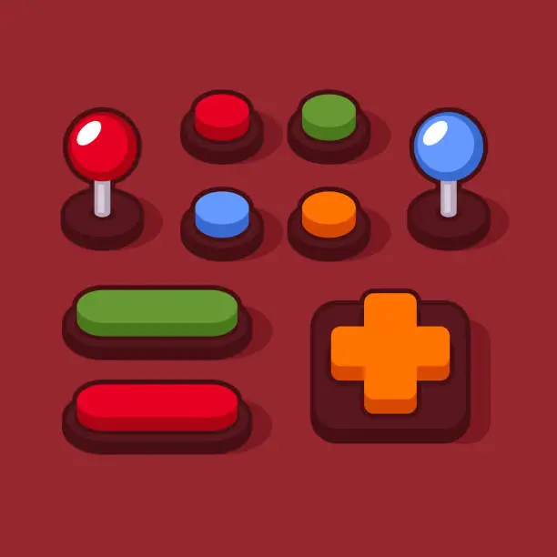 Vector illustration of Colorful Buttons and Joysticks Set for Arcade Machine. Vector