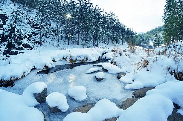 Photo of Mountain landscape with a frozen creek