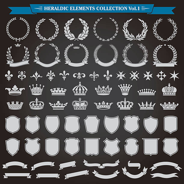 Heraldic elements laurel wreaths, crowns, ribbon banners, shields, royal lily collection vector