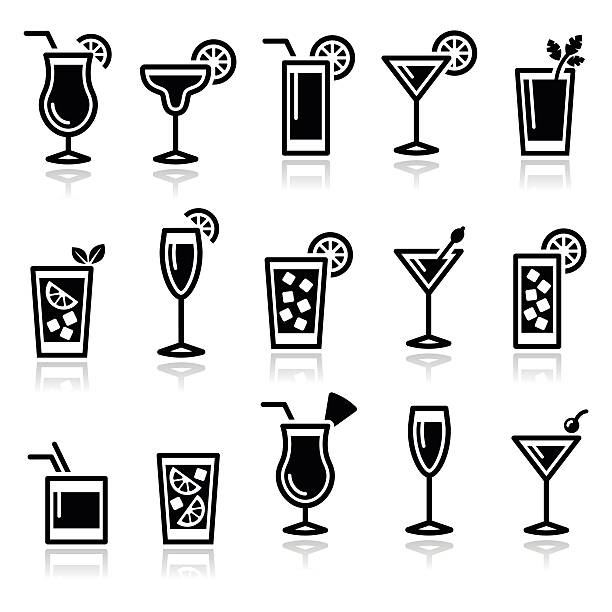 illustrazioni stock, clip art, cartoni animati e icone di tendenza di cocktail, bevande e occhiali impostare di icone vettoriali - manattan