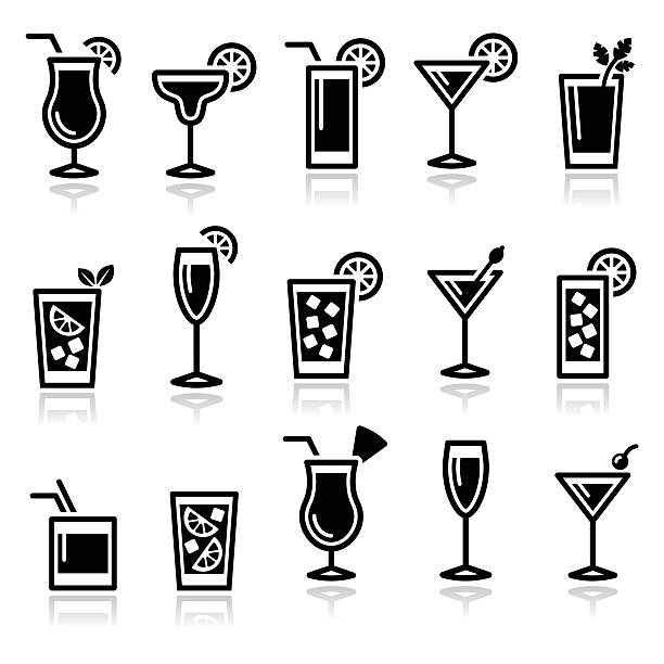 Cocktails, drinks glasses vector icons set Alcohol icons set - popular cocktails isolated on white  margarita stock illustrations