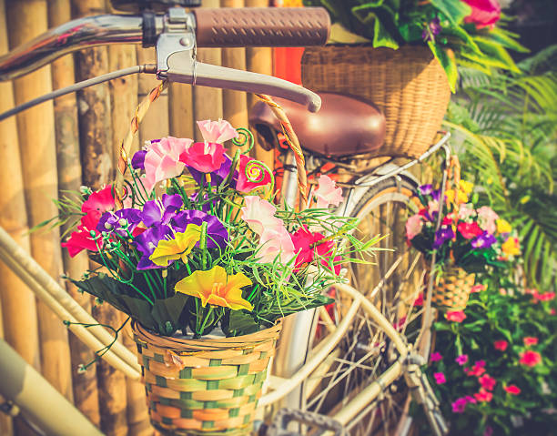 istock Flowers in basket hanging at bicycle handlebars 518024630