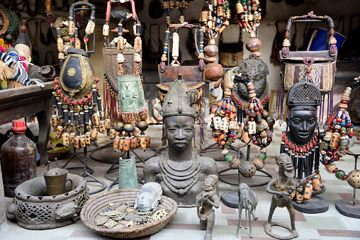 African art, artefacts, sculpture and souvenirs for sale at craft market, Lekki, Lagos, Nigeria.