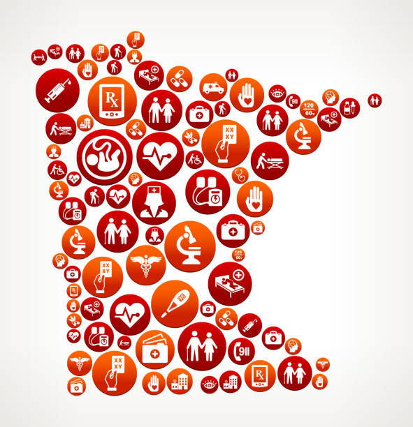 Minnesota Healthcare and Medical Red Button Pattern Minnesota Healthcare and Medical Red Button Pattern.   These red round buttons feature such common medical icons as the caduceus, stethoscope, doctor, nurse, drugs and other healthcare icons. The vector buttons are flat and vary in size and shades of color. Icon download includes vector graphic and jpg file. human genome map stock illustrations