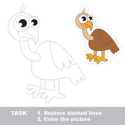 Vulture in vector to be traced. Restore dashed line and color the picture. Trace game for children.