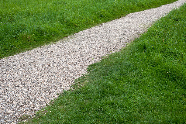 A gravel path meanders through a serene rural landscape, surrounded by patches of grass and hints of greenery on an overcast day.