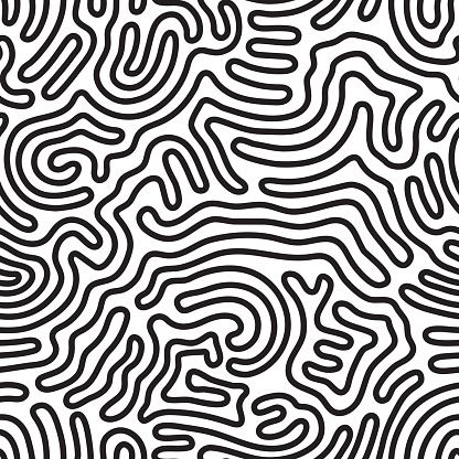 Universal geometric striped seamless pattern. Repeating abstract chaotic wavy lines, curl, scroll gradation in black and white. Modern design
