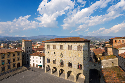Cathedral square (Piazza Duomo) with the town hall. View from the cathedral bell tower. Pistoia, Tuscany, Italy