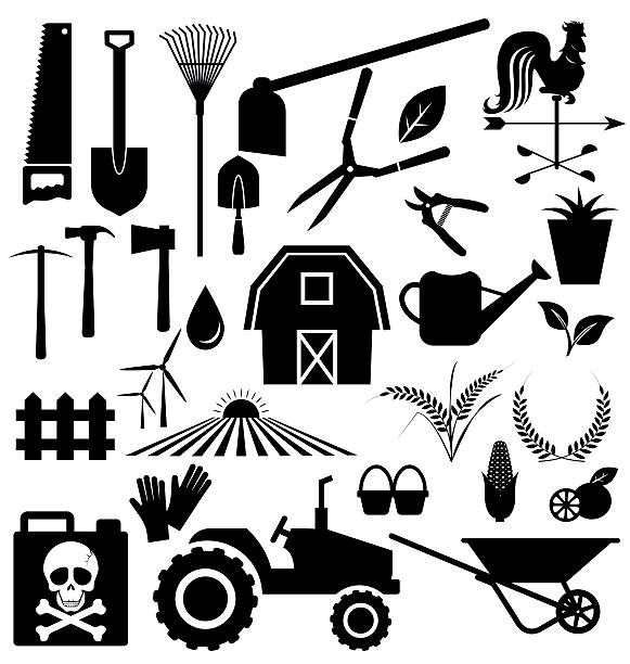 landwirtschaftliche geräte und farm-set vektor - green crop tractor planting stock-grafiken, -clipart, -cartoons und -symbole