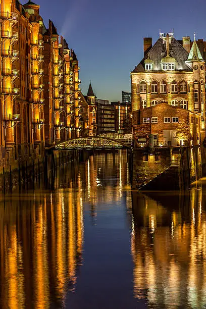 Speicherstadt Hamburg with her canals by night- Germany - Europe.