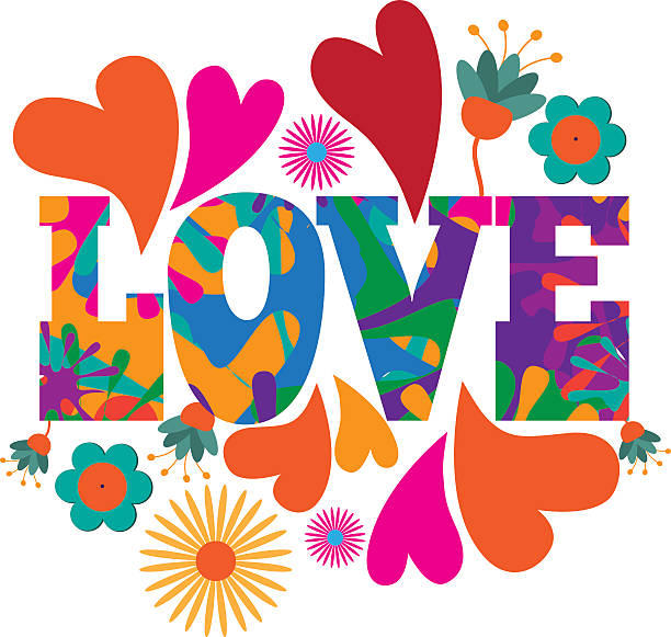 Sixties style mod pop art Love text design. Sixties style mod pop art psychedelic colorful Love text design. hippie fashion stock illustrations