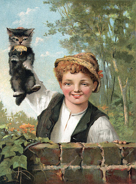 A young boy holding up a kitten, which is guilty of catching a chick. The boy looks triumphant while the cat looks annoyed. From “A Night in the Woods and other Tales and Sketches” by James Weston with illustrations by various illustrators. Published by Sampson, Low, Marston and Company Ltd, London, in 1894.