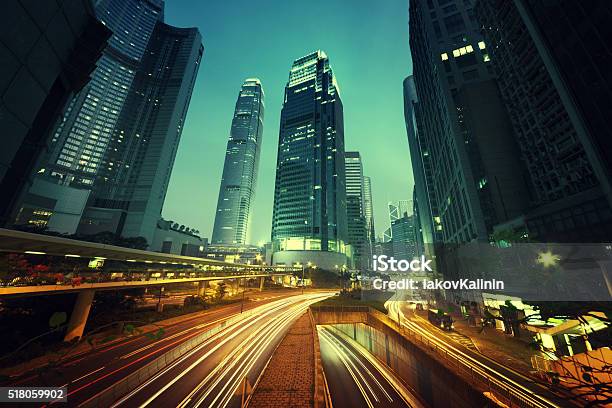 Traffic In Hong Kong At Sunset Time Stock Photo - Download Image Now - City, Hong Kong, Building Exterior