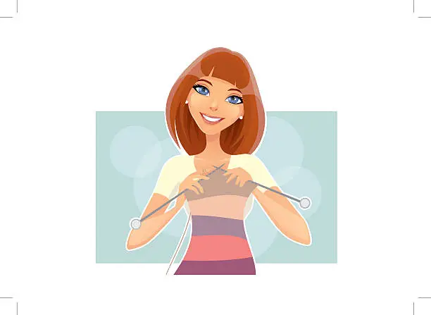 Vector illustration of young woman knitting