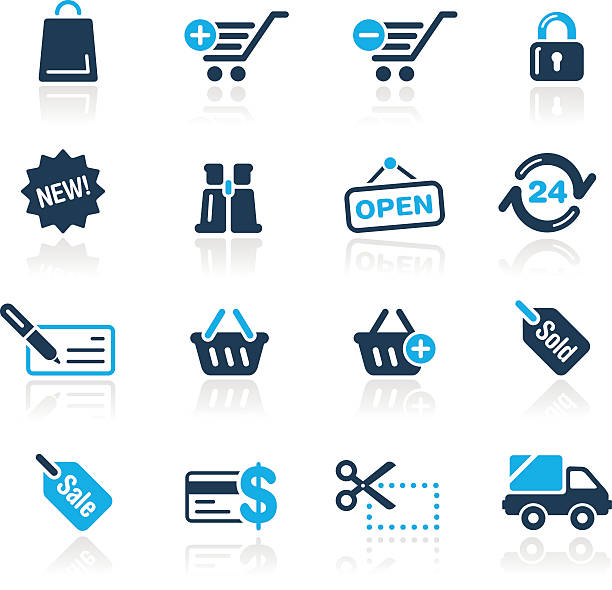 онлайн покупки иконы-голубой серии - information sign shopping cart web address sign stock illustrations