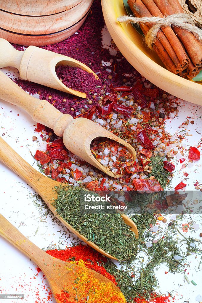 Spice in Wooden Spoon isolated white background Basil Stock Photo