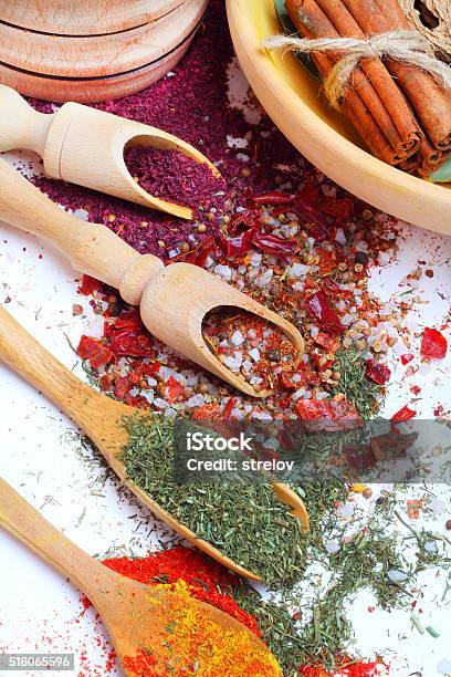 Spice In Wooden Spoon Isolated White Background Stock Photo - Download Image Now - Basil, Cinnamon, Close-up