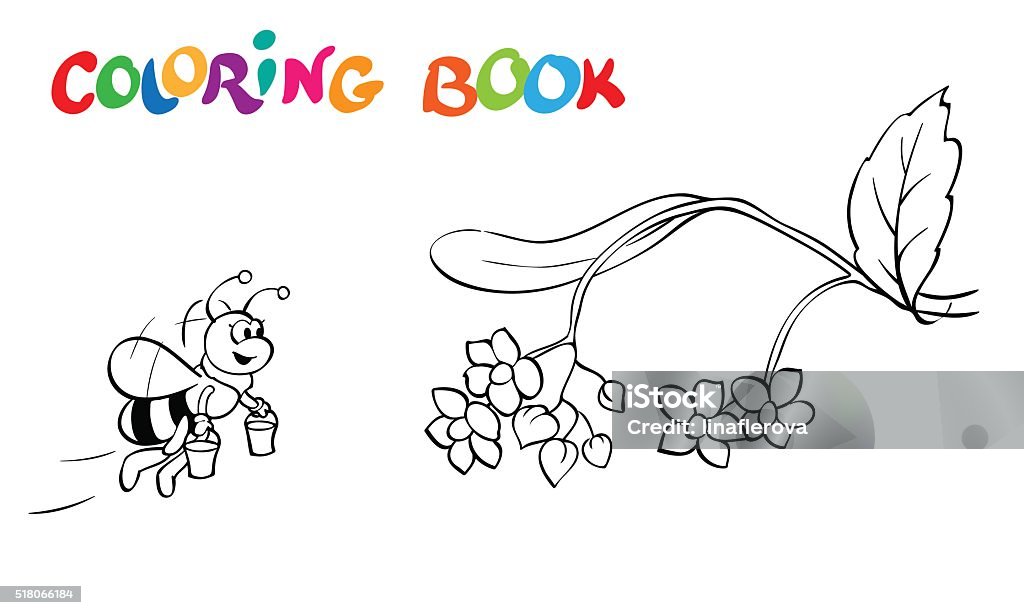 Coloring book. Fanny honeybee and flowers. - vector illustration. Coloring book or page. Fanny bee, flowers and branch. - vector illustration. Animal stock vector