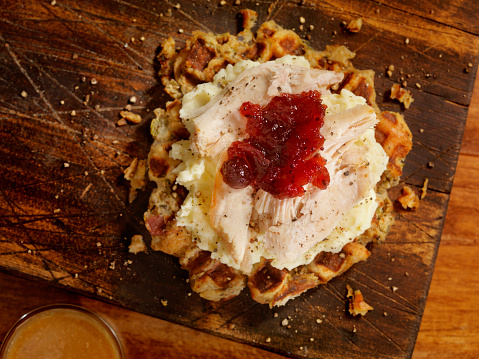 Roasted Turkey Sandwich on a Stuffing Waffel with Mash Potatoes, Cranberry Sauce and Gravy -Photographed on Hasselblad H3D2-39mb Camera