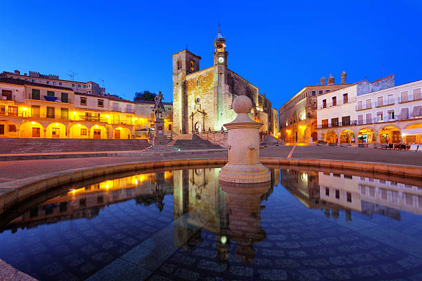 Main square of Trujillo at twilight Trujillo is a medieval village in the province of Caceres, Spain extremadura stock pictures, royalty-free photos & images