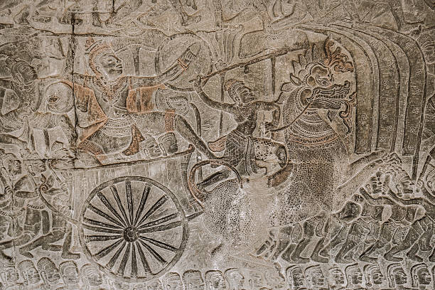 Episodes from the Hindu epics the Ramayana and the Mahabharata in the inner walls of the outer gallery of Angkor Wat. This reliefs depict the Victory of God Vishnu over the asuras o demons. On the East Gallery North section 52 meters of wall represent Vishnu fighting an army of asuras.