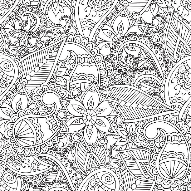 ilustrações de stock, clip art, desenhos animados e ícones de coloração páginas para adultos. seamles abstrato floral desenhos de hena mehndi - line art scroll shape design element scroll