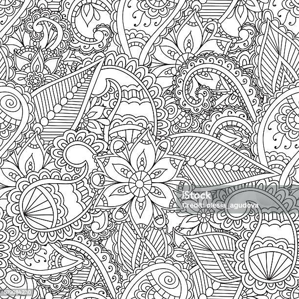 Coloring Pages For Adults Seamles Henna Mehndi Doodles Abstract Floral Stock Illustration - Download Image Now