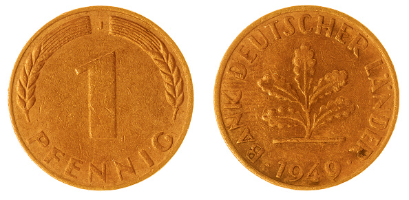 Bronze 1 pfennig 1949 coin isolated on white background, Germany
