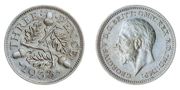 3 pence 1933 coin isolated on white background, Great Britain