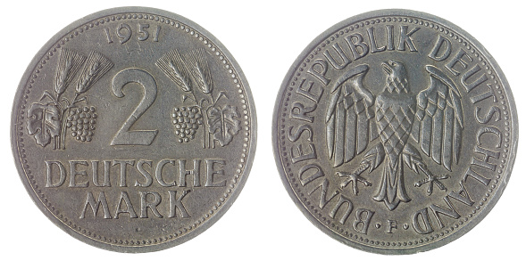 Nickel 2 mark 1951 coin isolated on white background, Germany