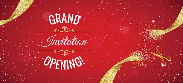 Vector illustration of Grand opening horizontal banner with gold sparkles.