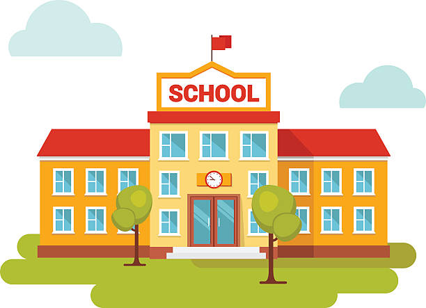 Front yard of school building. Vector illustration of school building. Front yard. Welcome back to school.Buildings for city construction. Flat style. building entrance illustrations stock illustrations