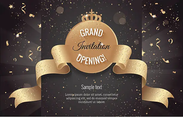 Vector illustration of Grand opening horizontal banner. Text with confetti and curving
