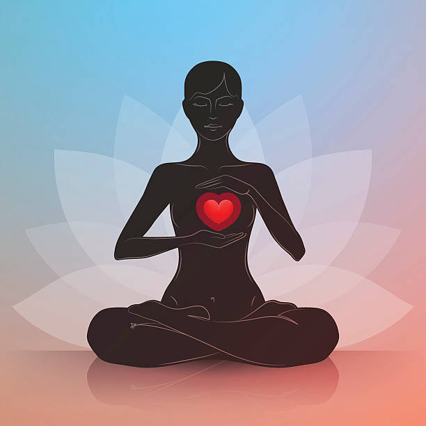 Woman with heart. Lotus position vector art illustration