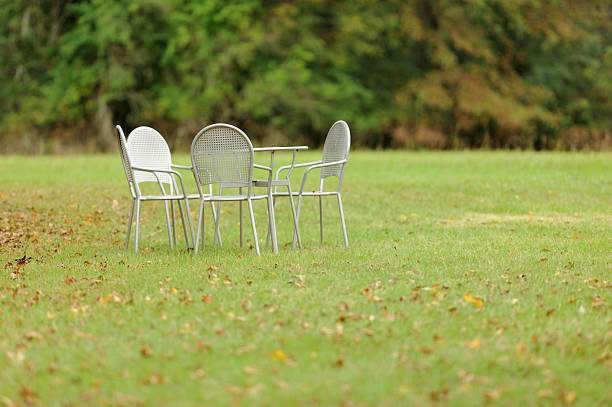 Photograph of metal outdoor table wish mesh pattern chairs in open field with trees in background.  Photo has selective focus on table with copy space above and below.