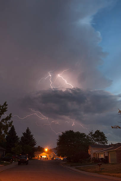 istock Multiple lightning bolts strike over Denver Colorado homes copy space 518093140