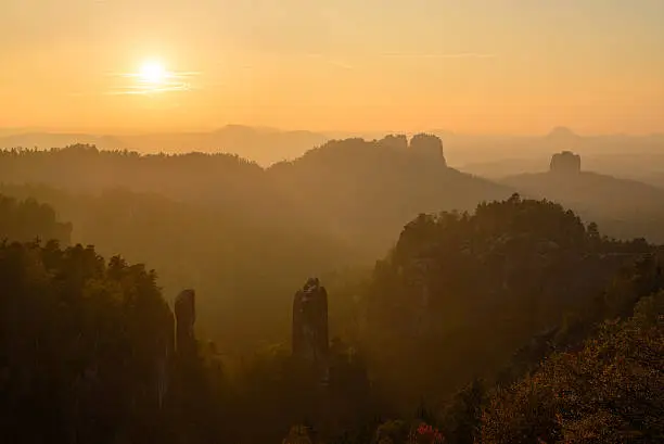 Sunset view from the so called Carola rock in the Elbsandstein mountains, Saxony, Germany. It's a national park.