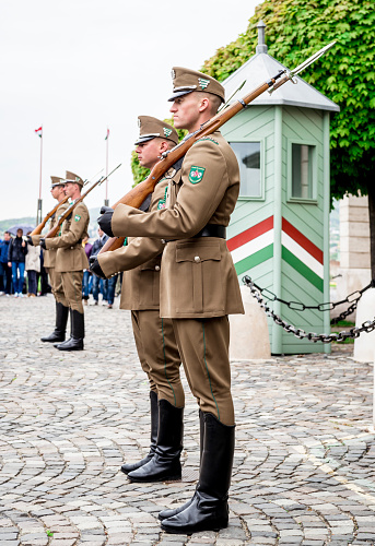 Budapest, Hungary - 17 April, 2014: Changing of the Guards in the Buda Castle. It is one of the Buda Castle attractions. The Changing of the Guards takes a few minutes with a spectacular choreography-turning about the rifles, saluting, marching up and down the square, domino like movements and drums