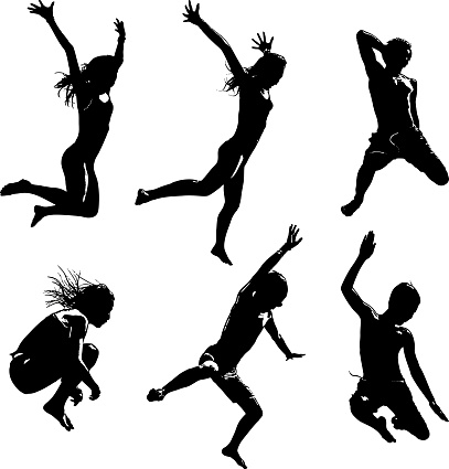 Line art Silhouettes of happy Asian Kids Jumping into water. Isolated on white.