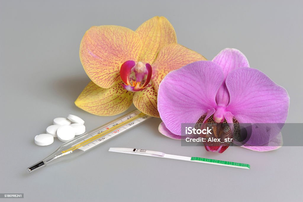Pills, mercury thermometer, ovulation test, two orchid flowers Pills, mercury thermometer and ovulation test with two orchid flowers on gray Assistance Stock Photo